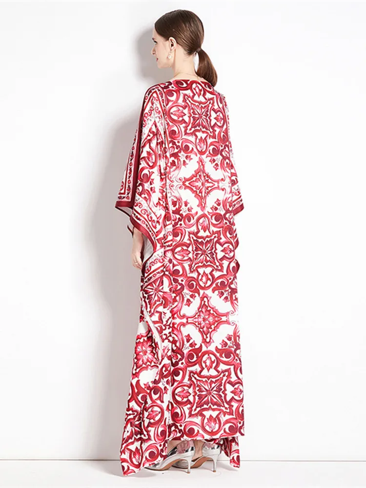 JAMERARY Autumn Runway Red Blue And White Porcelain Print Floral Maxi Dress Women Loose Robe Batwing Sleeve Split Long Vestidos