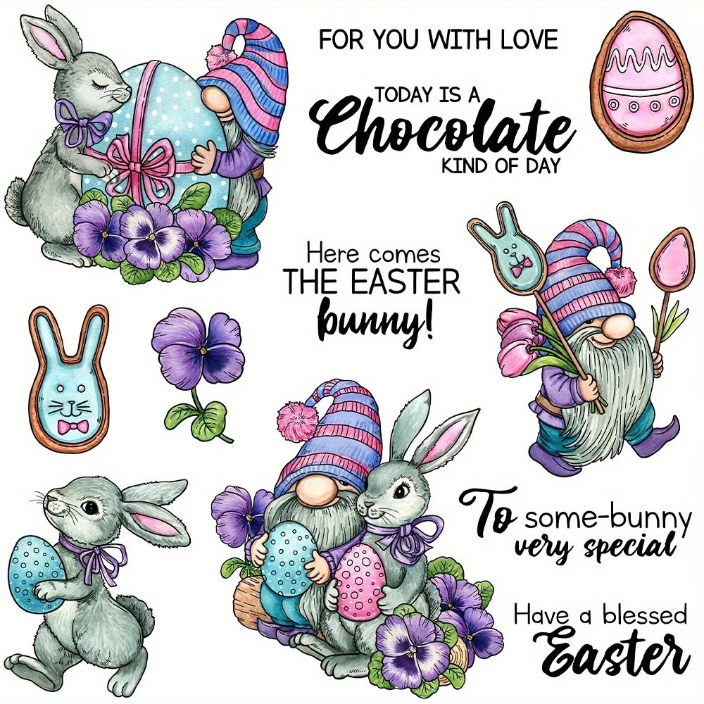 1 Satz transparenter Stempel und Stanzformen im originellen Design mit Osterhasen und Zwerg – perfekt für DIY-Scrapbooking und Kartenherstellung