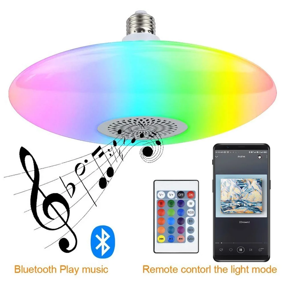 Smart UFO Lamp Music Wireless Bluetooth Speaker Bulb E27 RGB+White Dimmable Smart Led Ceiling Light Remote Control For Home 2022