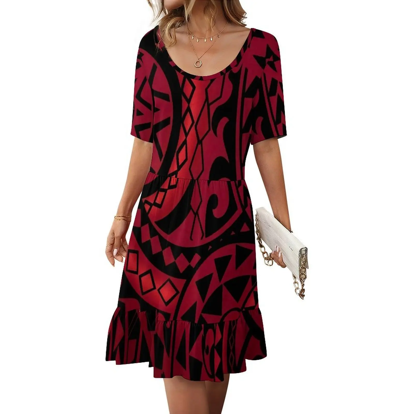 Round-Neck Short-Sleeved Loose Casual And Comfortable Soft Fabric Ruffled Women'S Dress Custom-Made For Polynesians