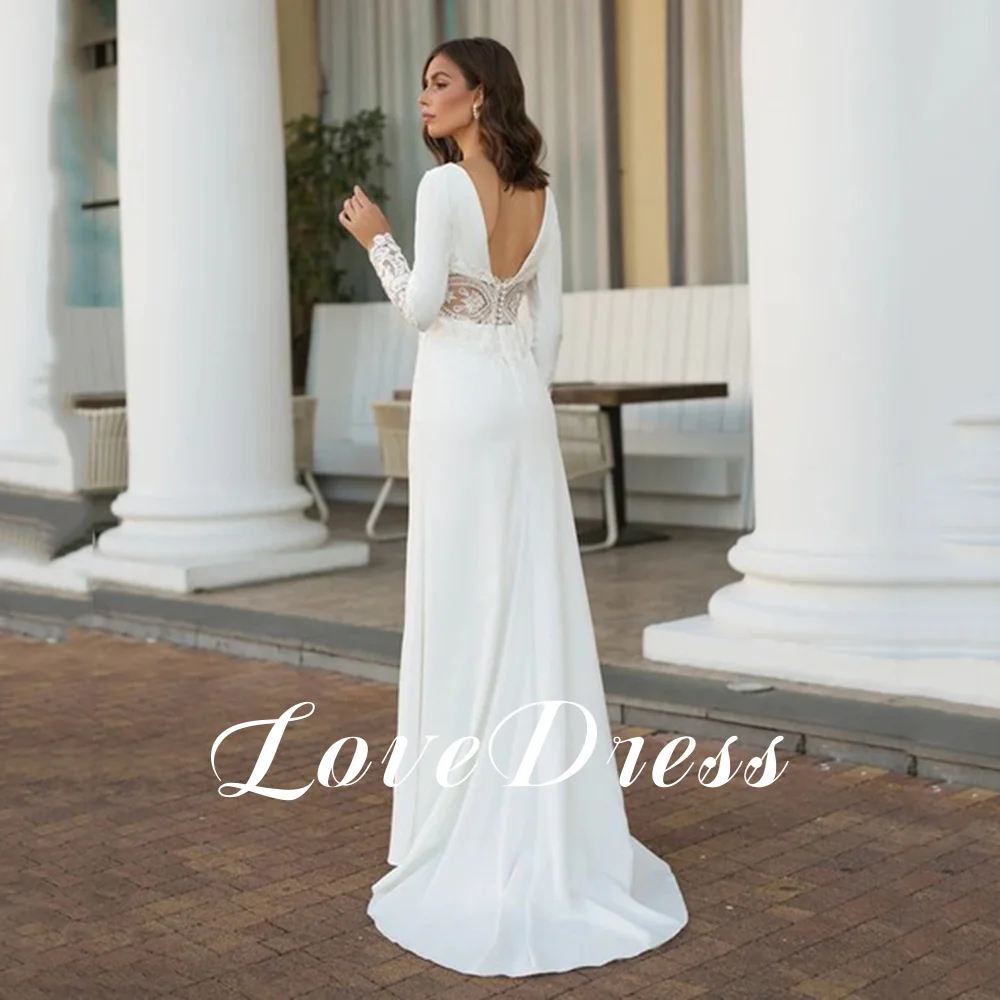 LoveDress Elegant Deep V-Neck Wedding Dresses Long Sleeves Split Lace Appliques Beach Spandex Bride Gowns Backless Button Train