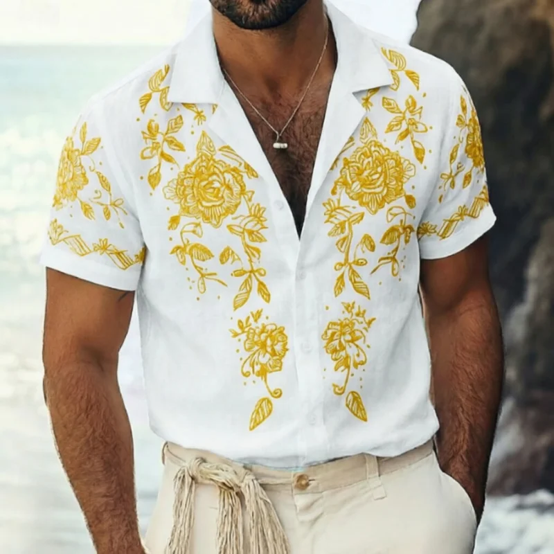 

Vacation style men's short sleeved lapel shirt, button design, digital printing, casual and comfortable, fashionable dressing