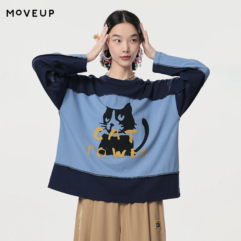 MOVEUP Round Neck Long Sleeved T-Shirt 2026 Spring New Pure Cotton Cat Letter Printed Contrast Splicing Women's Top 324110510