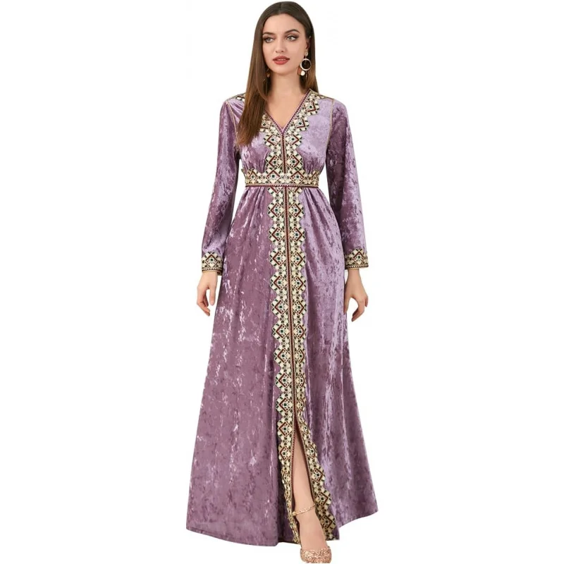 

Muslim Women Velvet Dress Embroidery Abayas Long Sleeve V-Neck Moroccan Maxi Kaftan Dubai Robe Arabic Islamic Clothing