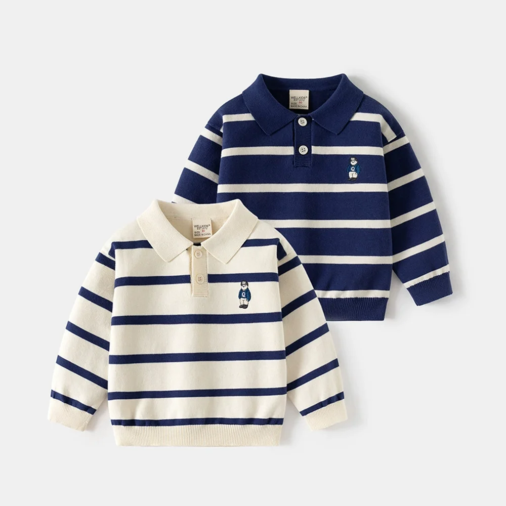

Kids' Polo Neck Sweater with Striped Design, Versatile Knit Top