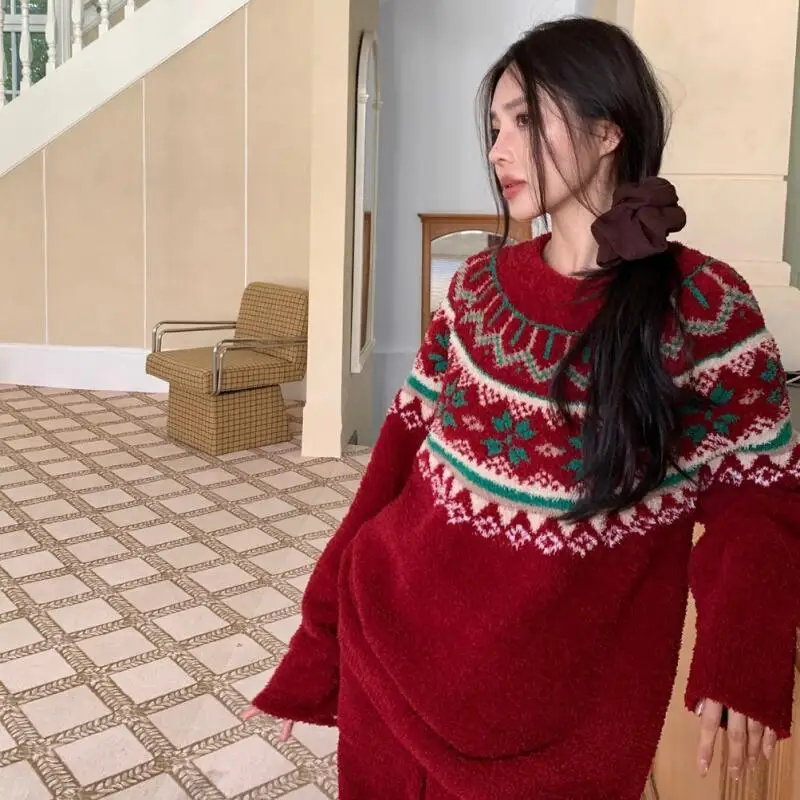 

Женская одежда Fair Isle, новогодний свитер, жаккардовый пижамный комплект, новый зимний утепленный комплект на флисовой подкладке, модная домашняя одежда