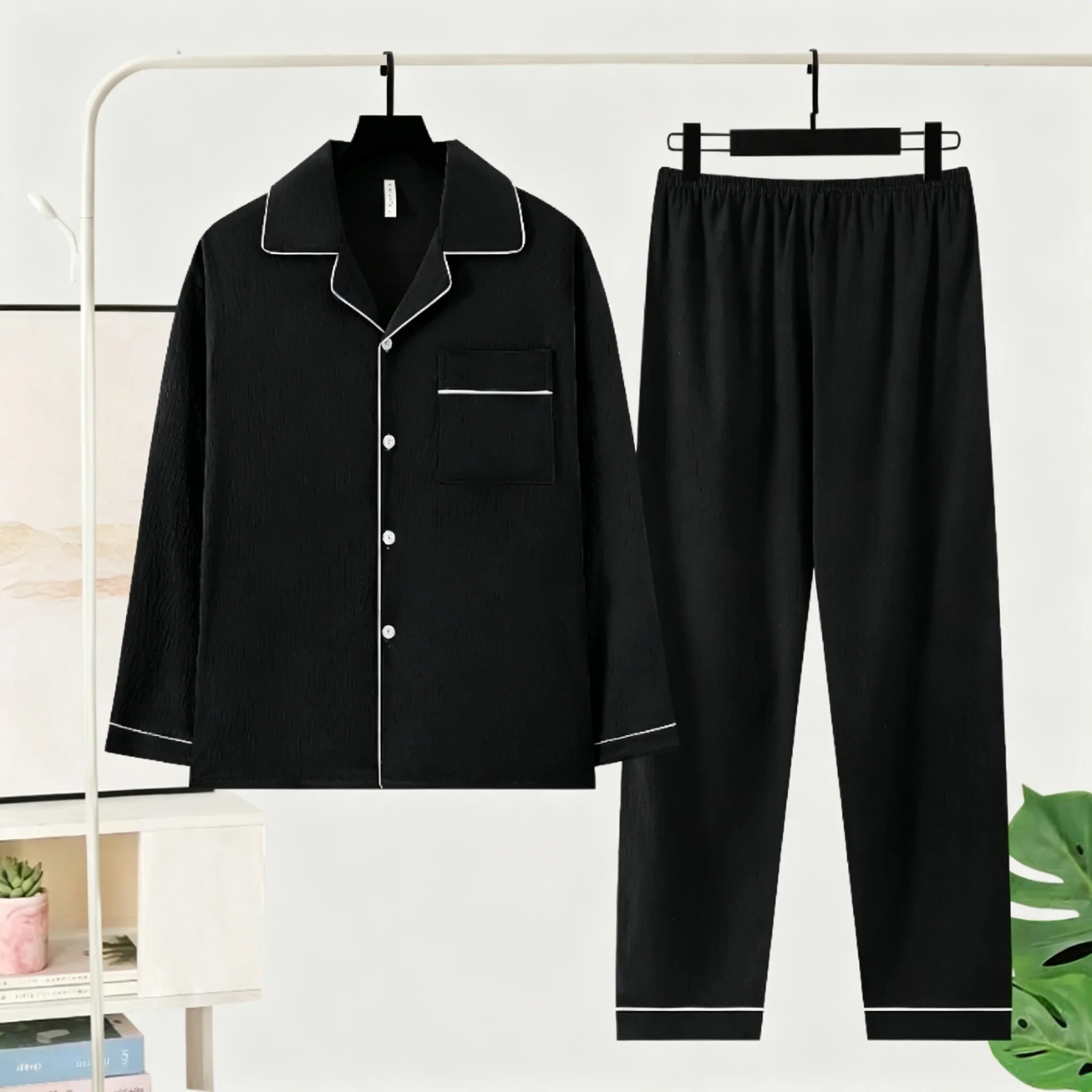 Luxury Basic Solid Men‘s Pajama Set Long Sleeve Oversized Two Piece Soft Big Size Sleepwear Loose Loungewear Autumn New 2026
