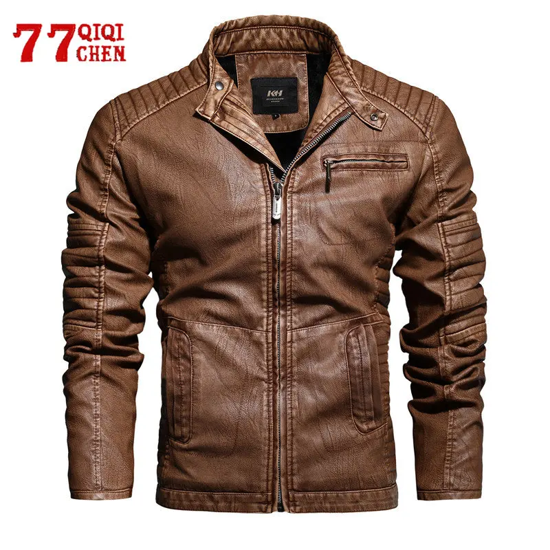 

Men Fleece PU Leather Jacket Solid Multi-pocket Casual Slim Biker Motorcycle Jackets Fashion Autumn Winter Coat Plus Size 4XL