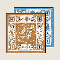 POBING Manual Hand Rolled Twill Silk Scarf Women Animals Double Print Square Scarves Wraps Echarpes Foulards Femme Hijab 90CM