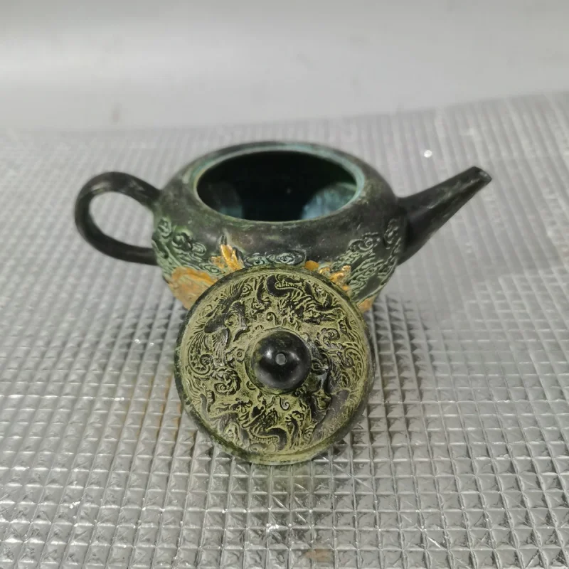 Antique Style Pure Copper Qianlong Year Tea Pot Dragon and Phoenix Auspicious Tea Pot Wine Pot Small Pot Dragon Flying Phoenix D