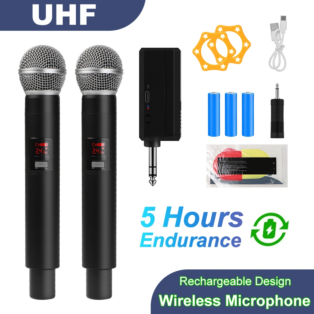 מיקרופון אלחוטי UHF תדר קבוע 2 ערוצים מיקרופון נייד למסיבה קריוקי מקצועי הכנסייה הצגה פגישה