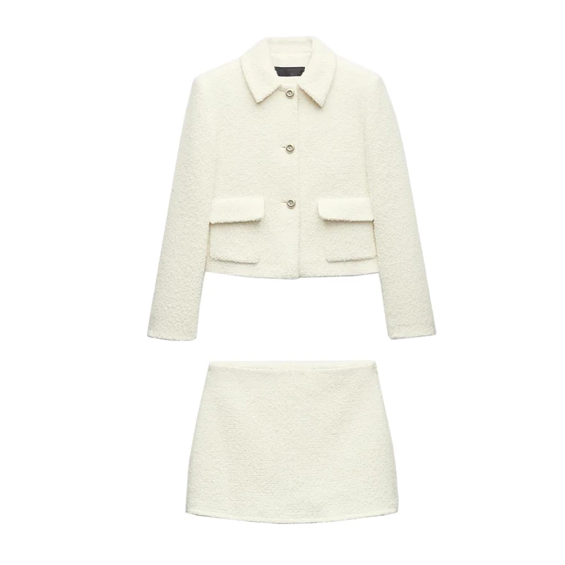 Modernes Flip-Kragen-Perlen-Wollmantel-Set, lässiges Rock-Hosen-Set mit hoher Taille, neues Frühlings-Damen-Faion-Ensemble, Button-Up-Design