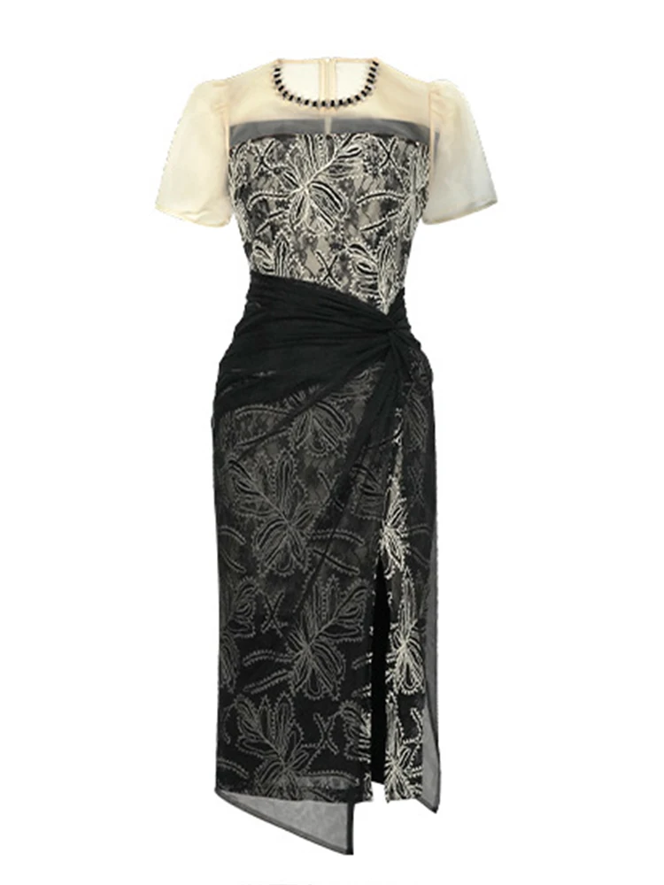 Vestido de fiesta francés de lujo para mujer, elegante, Sexy, con diamantes, malla transparente, encaje bordado, empalme, abertura larga, Vestidos de banquete