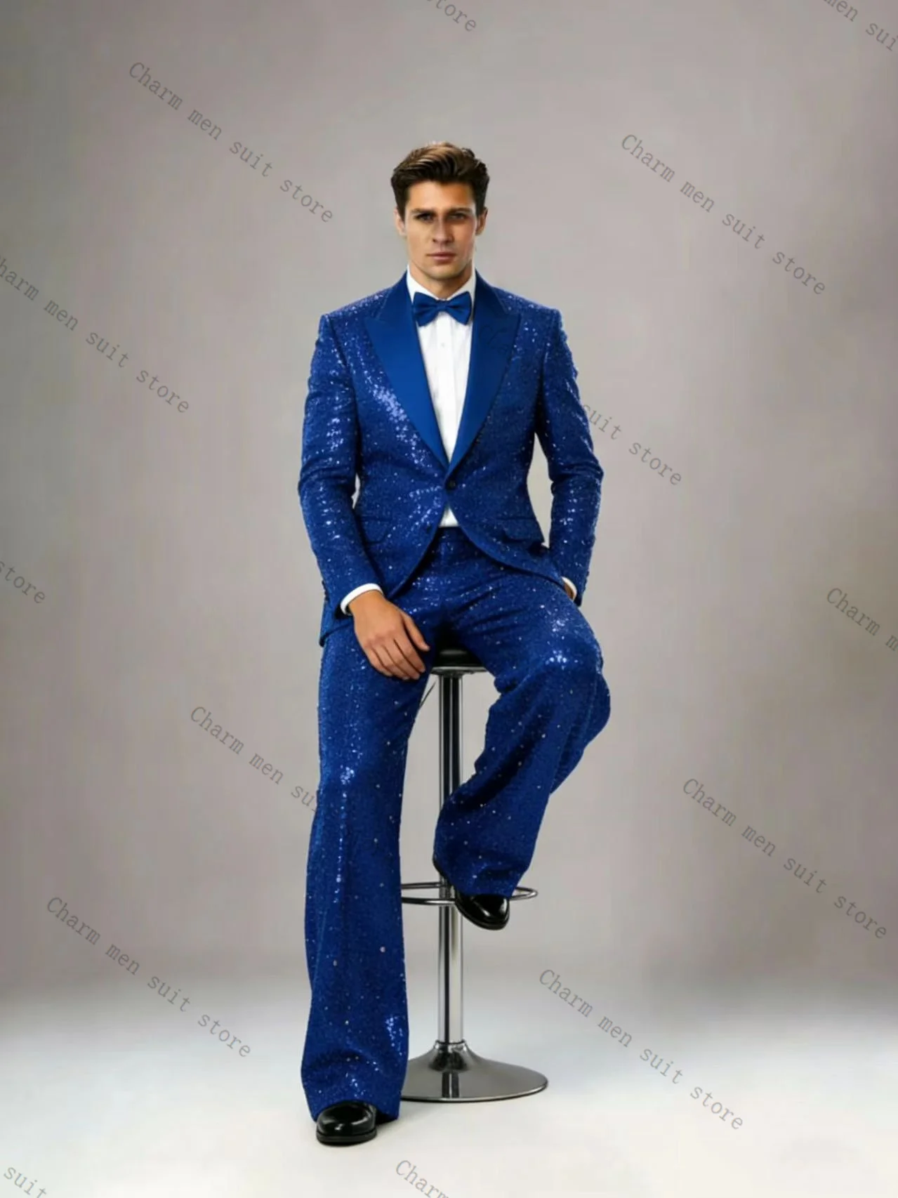 

Glitter Blue Sequins Men Suits Set 2 Pcs Blazer+Pants Trousers Luxury Wedding Tuxedo Formal Office Business Groom Jacket Coat