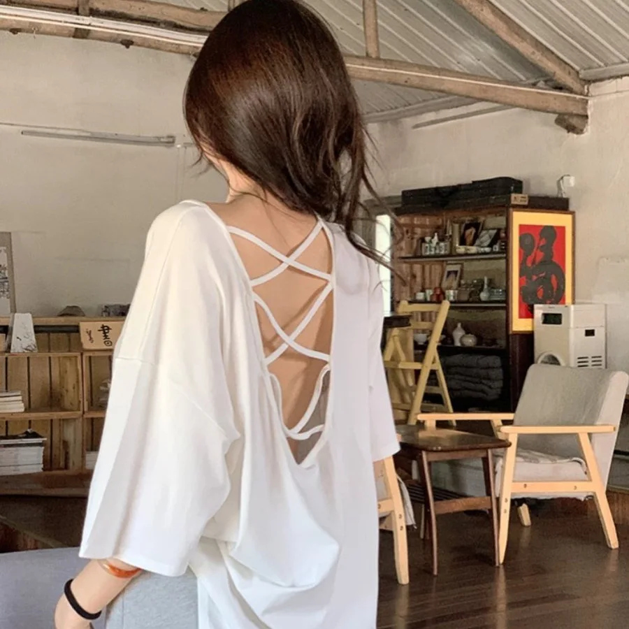 

Cross Backless Long-sleeved T-shirt Women's Summer New Lazy Style Loose Casual Design Top