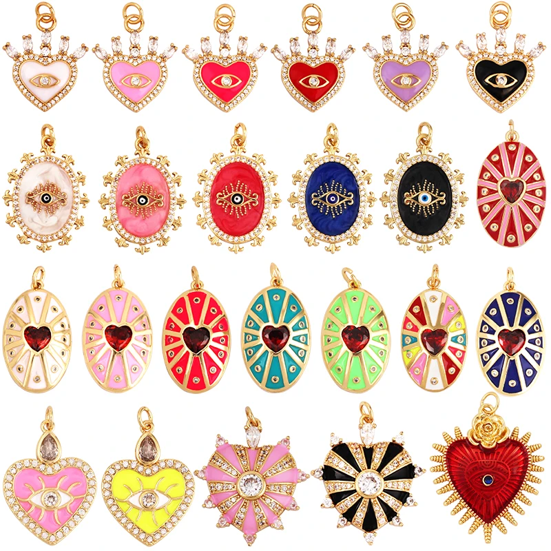 Evil Eye Heart Enamel Charm Neon Pink Orange Turquoise Red Pendant Oil Dropped,Real Gold Plated Colour,Necklace Bracelet Pendant