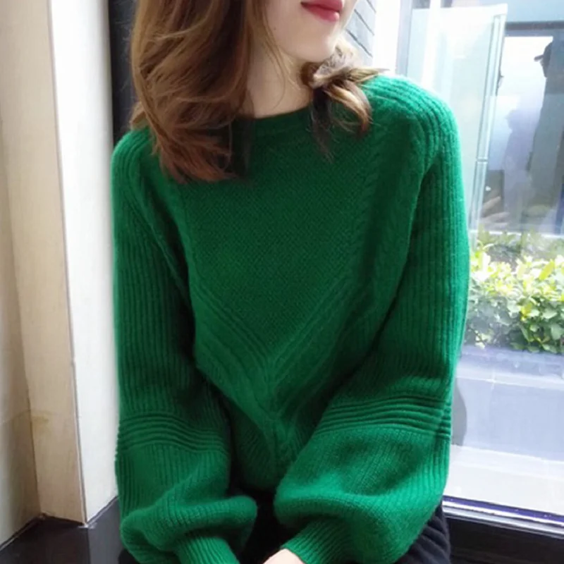 Maglione in puro Cashmere da donna, fascia alta, girocollo, sciolto, addensato, fondo verde retrò, inverno, 100