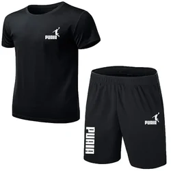 Summer new men's casual comfort breathable quick drying mesh T-shirt top + shorts 2 sets jogging fitness training sportwear set