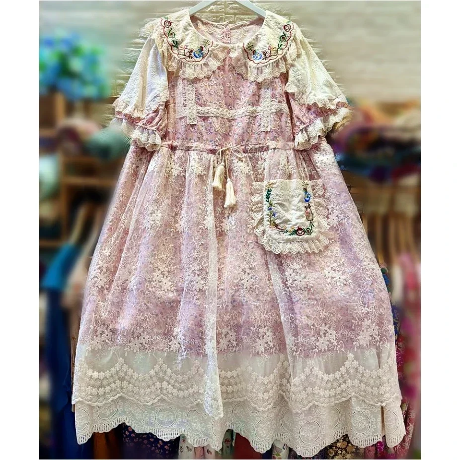 Women Vintage Rococo Victorian Lolita Lace Long Midi Dress Edwardian Retro Chic Cotton Linen Cottagecore Mori Girl Korean Dress