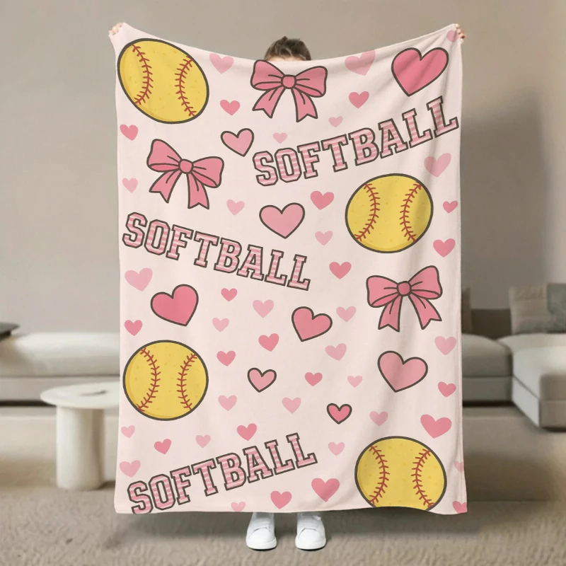 Pink Background Softball Bow Heart Sports Flannel Blanket For Athletic Bedroom Decor Soft Warm Throw Blanket Accent