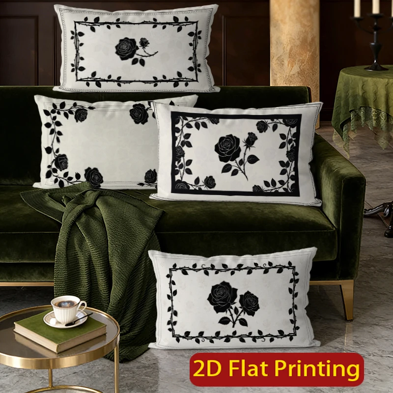Vintage Gothic Black Rose Pillow Cases Suitable For Sofa Bedroom Car Pillow Cover Cushion Rectangular Back Cushion