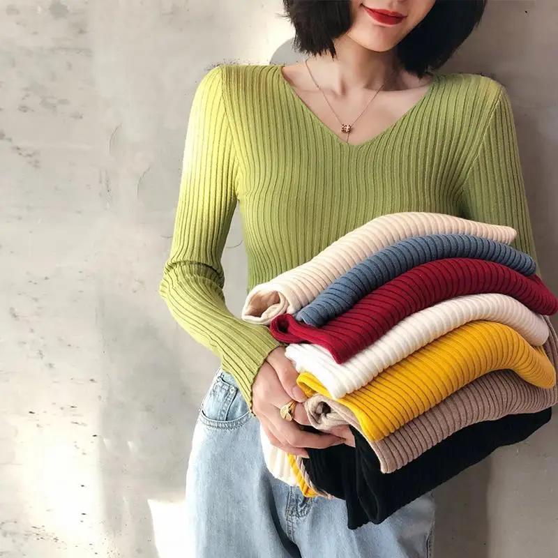 Autumn Fashion Female Long Sleeve V-neck Skinny Elastic Casual Sweater Women Knitted Shirts Pullover Top Women\'s Sweaters