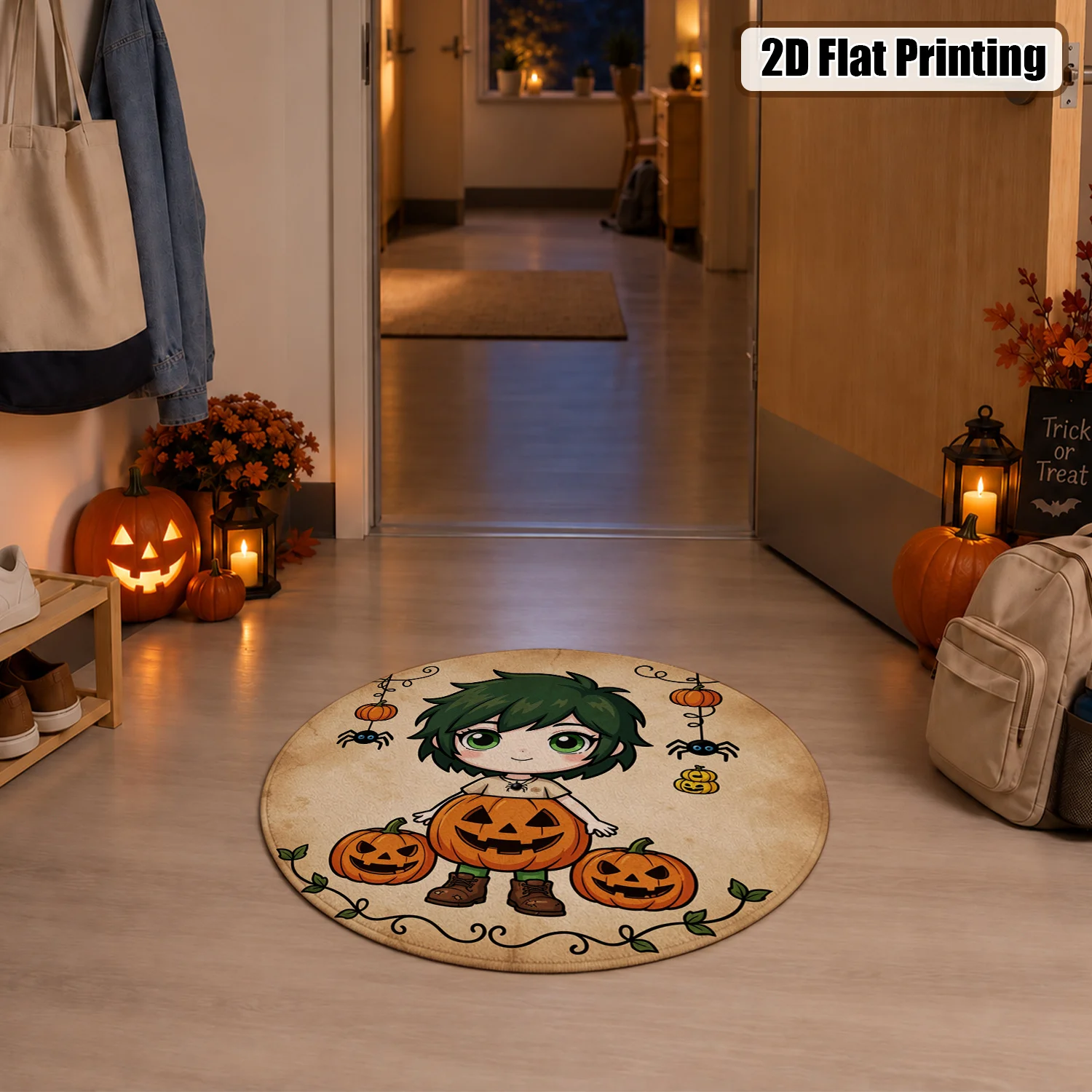 Cute Chibi Halloween Pumpkin Spider Pattern Round Velvet Doormat, Machine Washable, Suitable for Entryway, Living Room, Porch, Great for Halloween, Thanksgiving, Christmas, New Year, Black Friday, Cyber Monday Decor