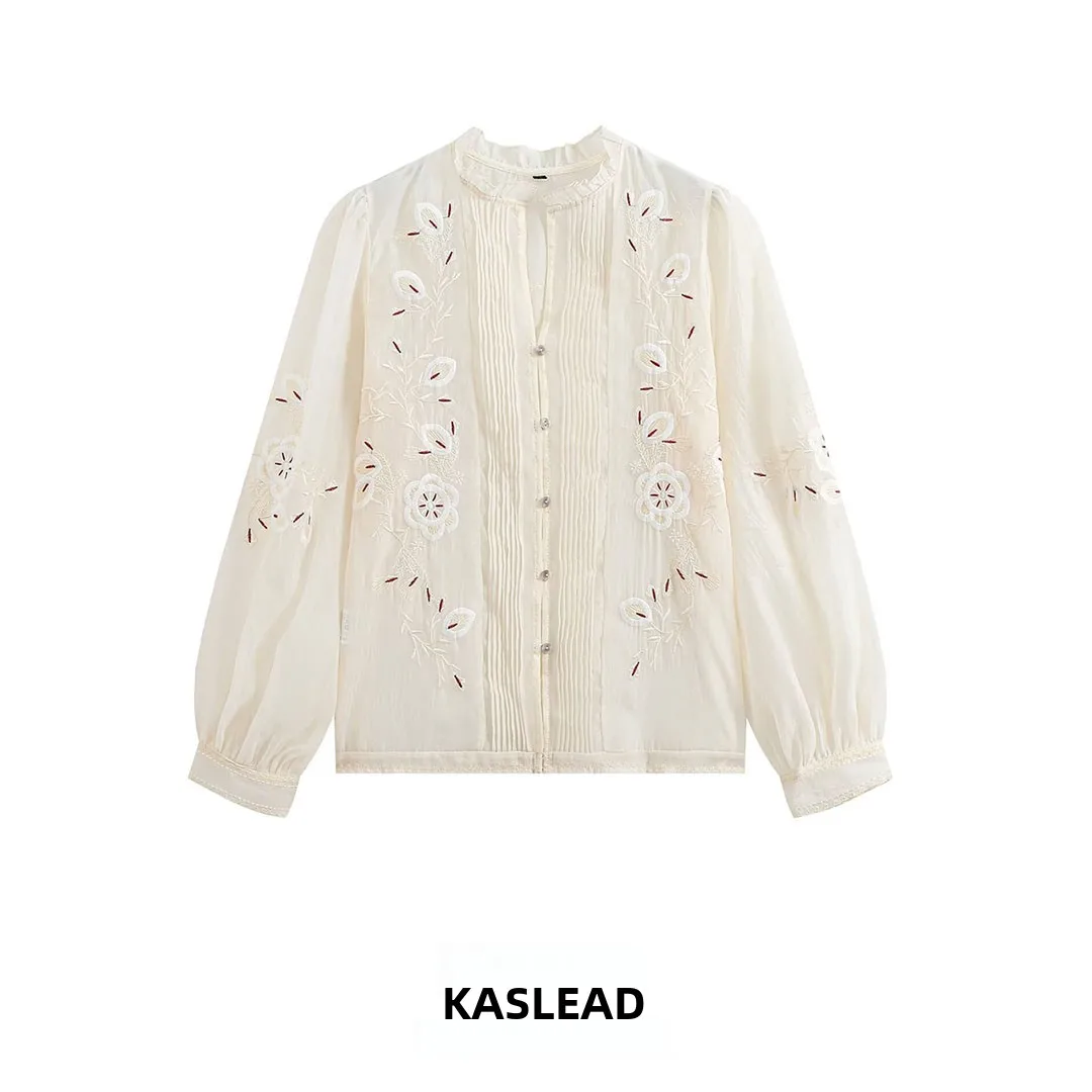 KASLEAD New Women's Fashion Design Sense Embroidery Transparent Hard Shirt Polyester Fiber Straight Cut Long Sleeve Stand Collar