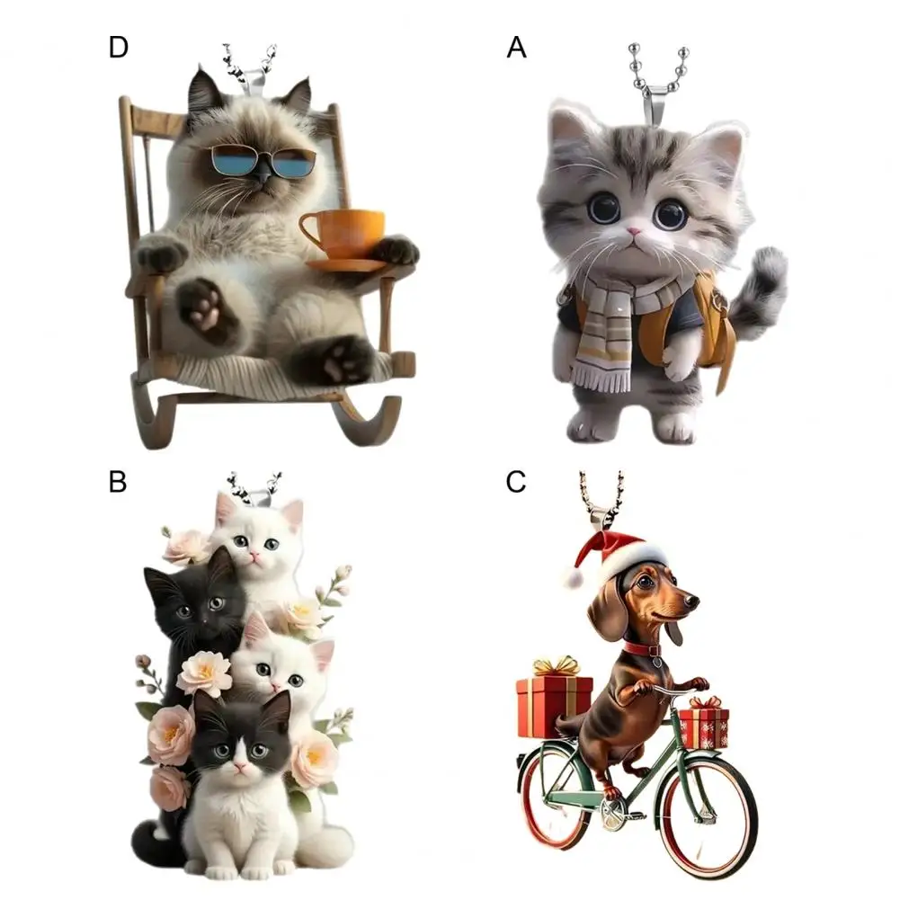Cat Animal Pendant Hanging Ornament with Lanyard Easy to Hang 2D Flat Adorable Animal Rearview Mirror Ornament