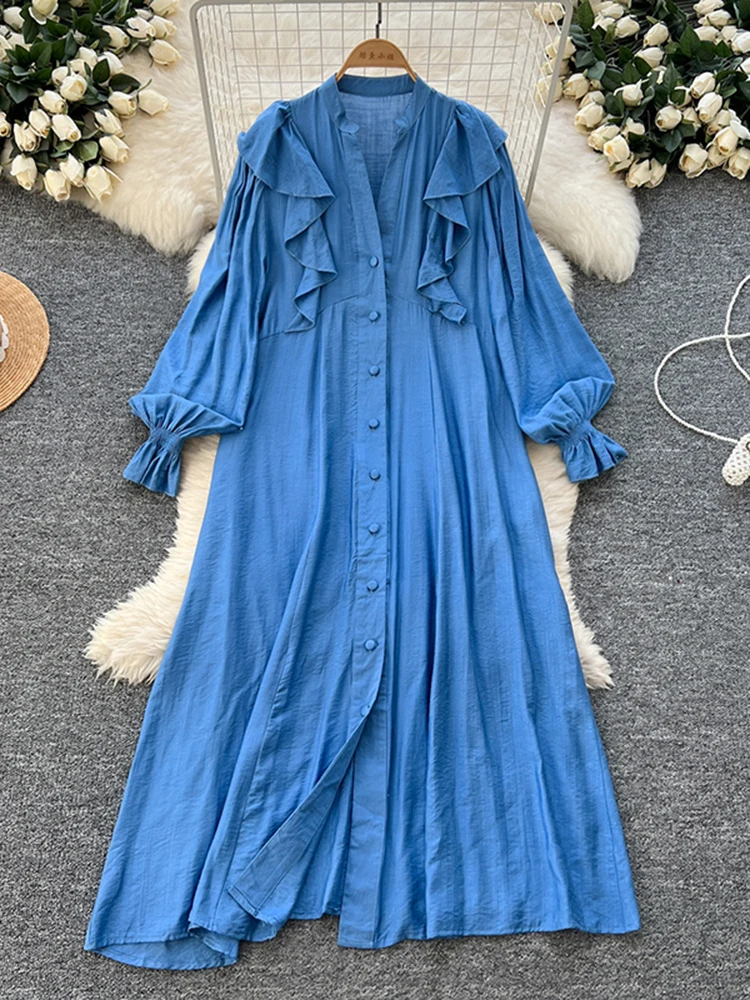 Spring Autumn Blue Lotus Leaf Side Sleeve Single Breasted Dress for Women's New Casual Loose Large Size Long Dress D103