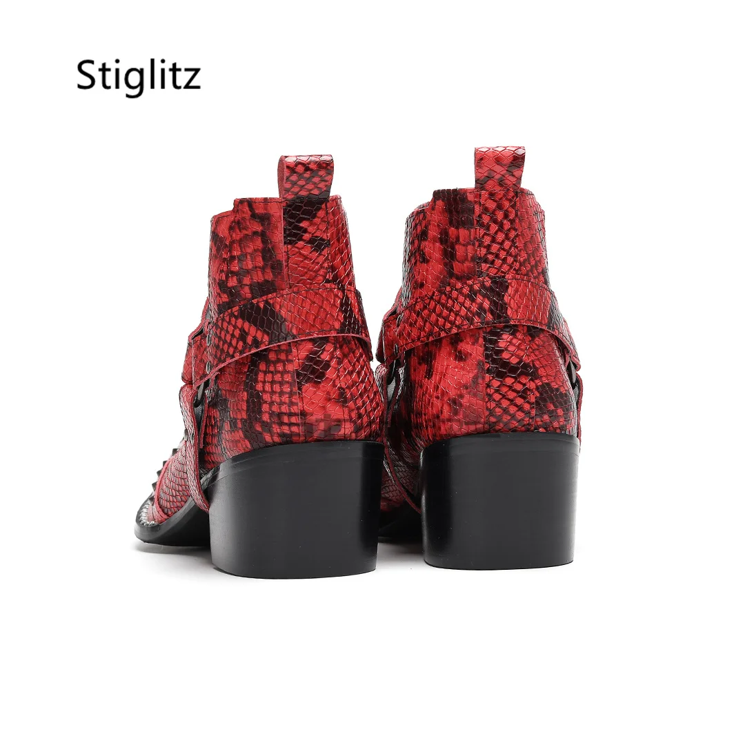 الأحمر الأفعى نمط عالية الكعب أحذية رجالية معدنية أشار تو المسامير جلد طبيعي الكاحل تشيلسي الأحذية فستان حفلات الزفاف الأحذية