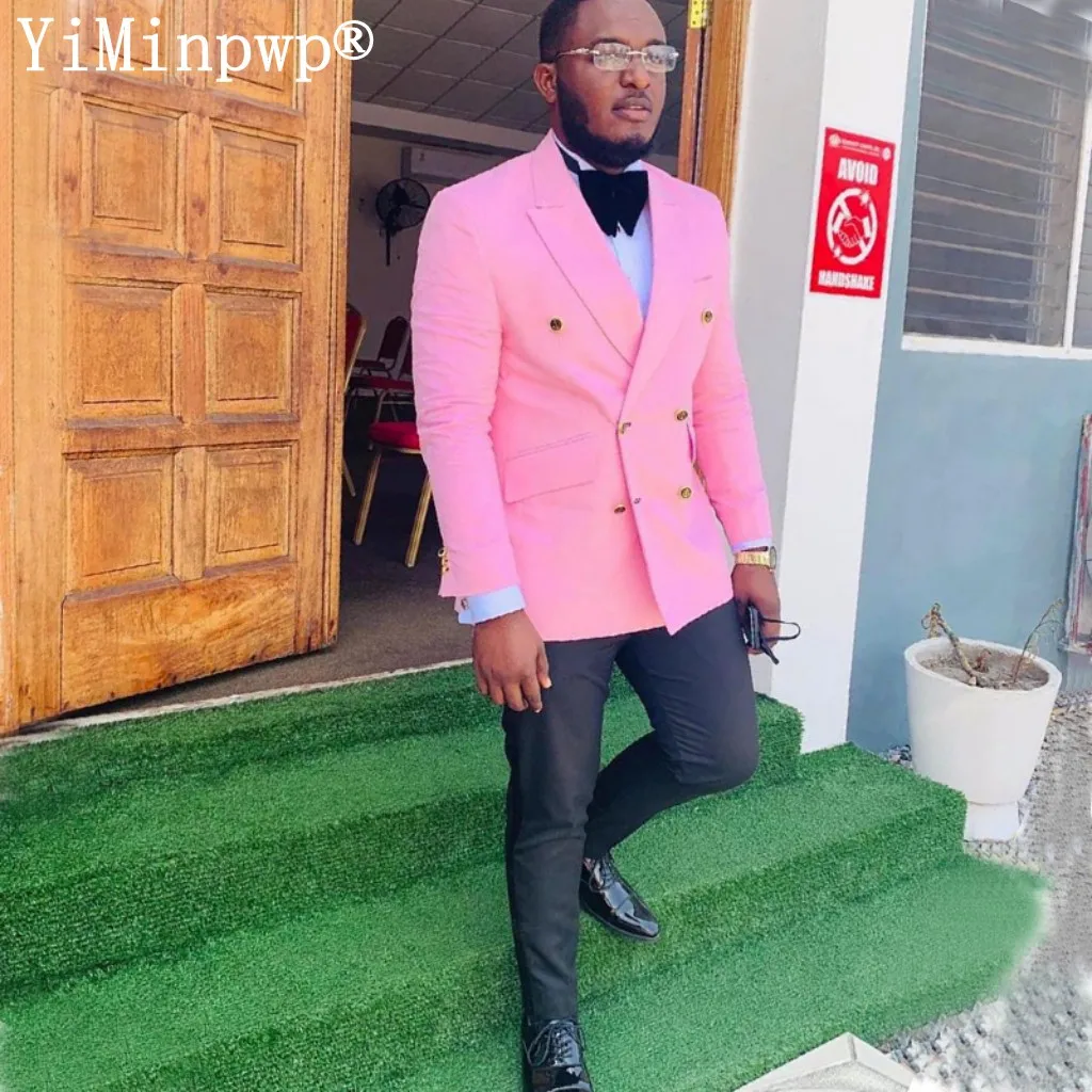 

Hot Pink Men 2 Piece Suits Peaked Lapel Double Breasted Prom Party Suit Blazer Sets costume homme pour mariage Jacket+Pants