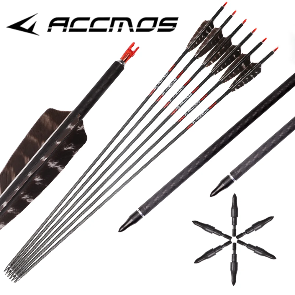 6/12pcs 3K Pure Carbon Feather Arrows 33in spine200/250/300/350/400/500/600 ID6.2mm for hunting recurve/compound bow arrows