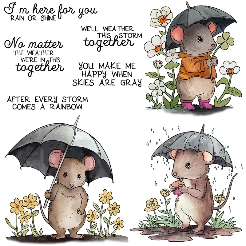 

Cute Mouse Floral in Rainy Day Metal Cutting Dies Clear Stamp DIY Scrapbooking Dies Silicone Stamps for Cards Albums