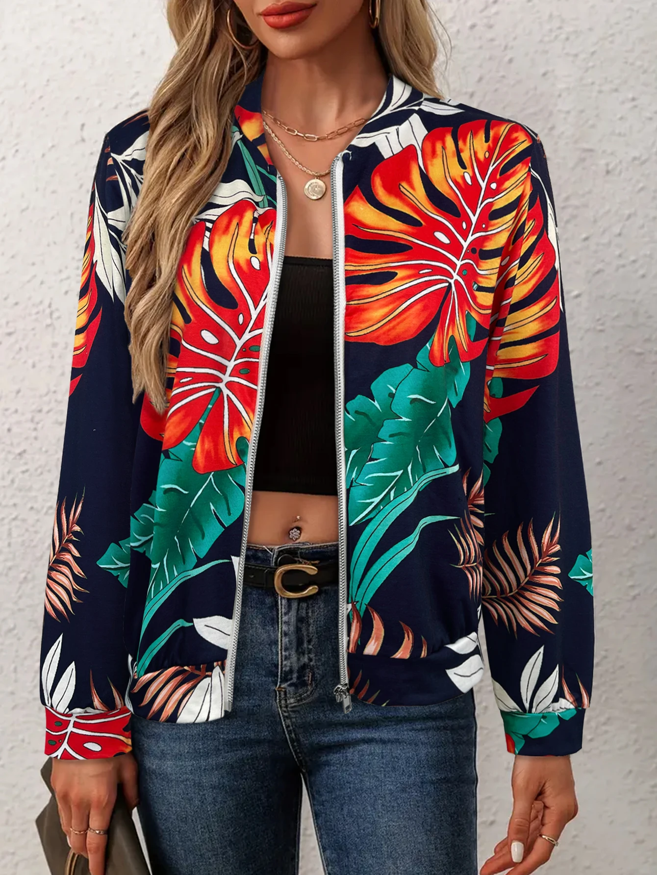 

Women's Zip - Up Bomber Jacket, Vibrant Tropical Leaf Print, Casual Trendy & Ideal for Layering
