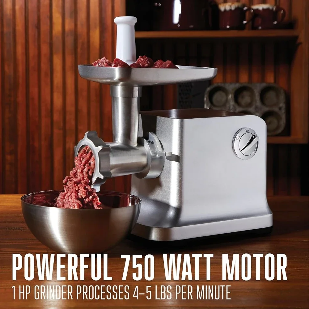 Electric Meat Grinder & Sausage Stuffer,  750 Watt, 1 HP Motor, Grinds 4 lbs Per Minute, crusher food processor Silver