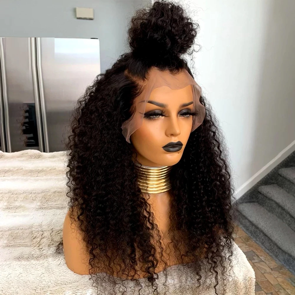 

Preplucked Glueless Soft 26Inch Long Black Kinky Curly 180Density Deep Lace Front Wig For African Women Babyhair Daily Cosplay