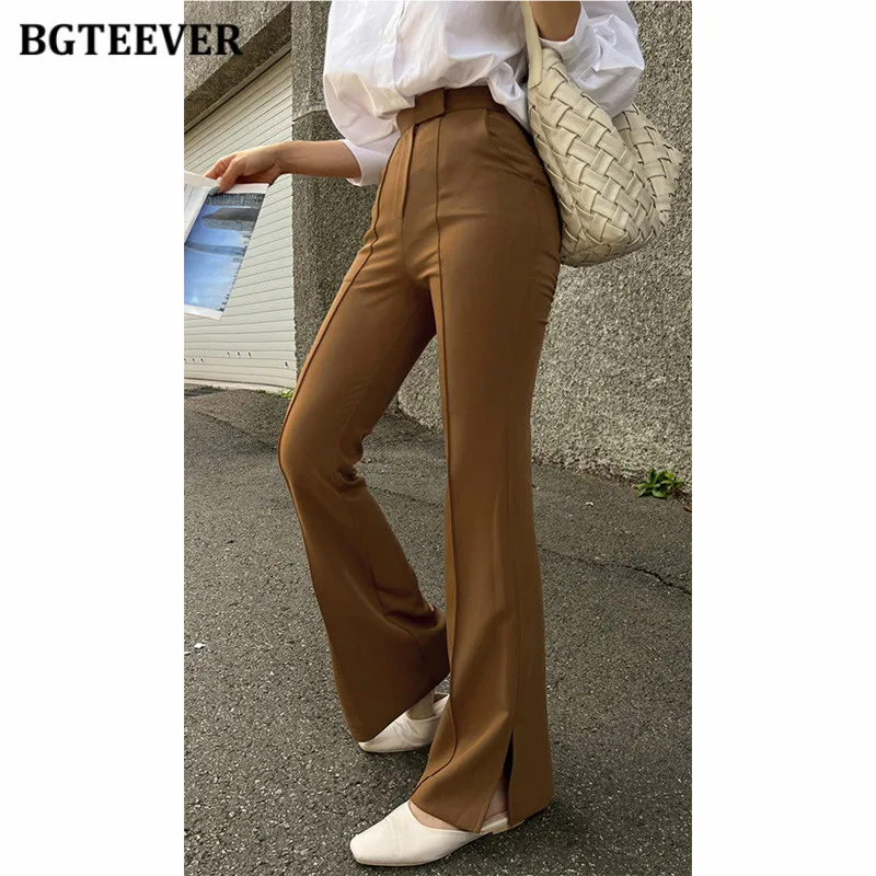 BGTEEVER Summer Side Split Ladies Floor-Length Flare Trousers High Waist Elegant Slim Women Suit Pants