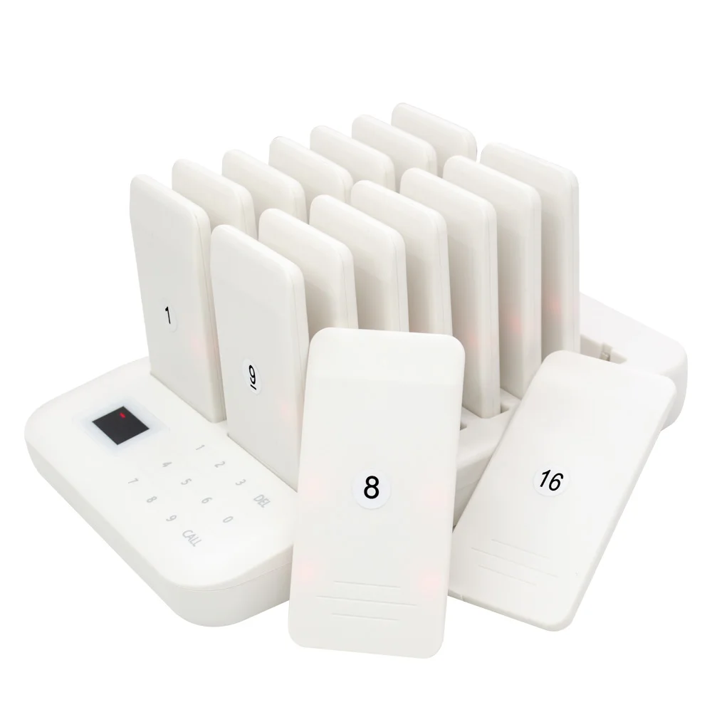 Long Range Wireless Queue System Restaurant Equipments White 16 Coaster Pagers Receiver +1 Touch Keyboard Transmitter