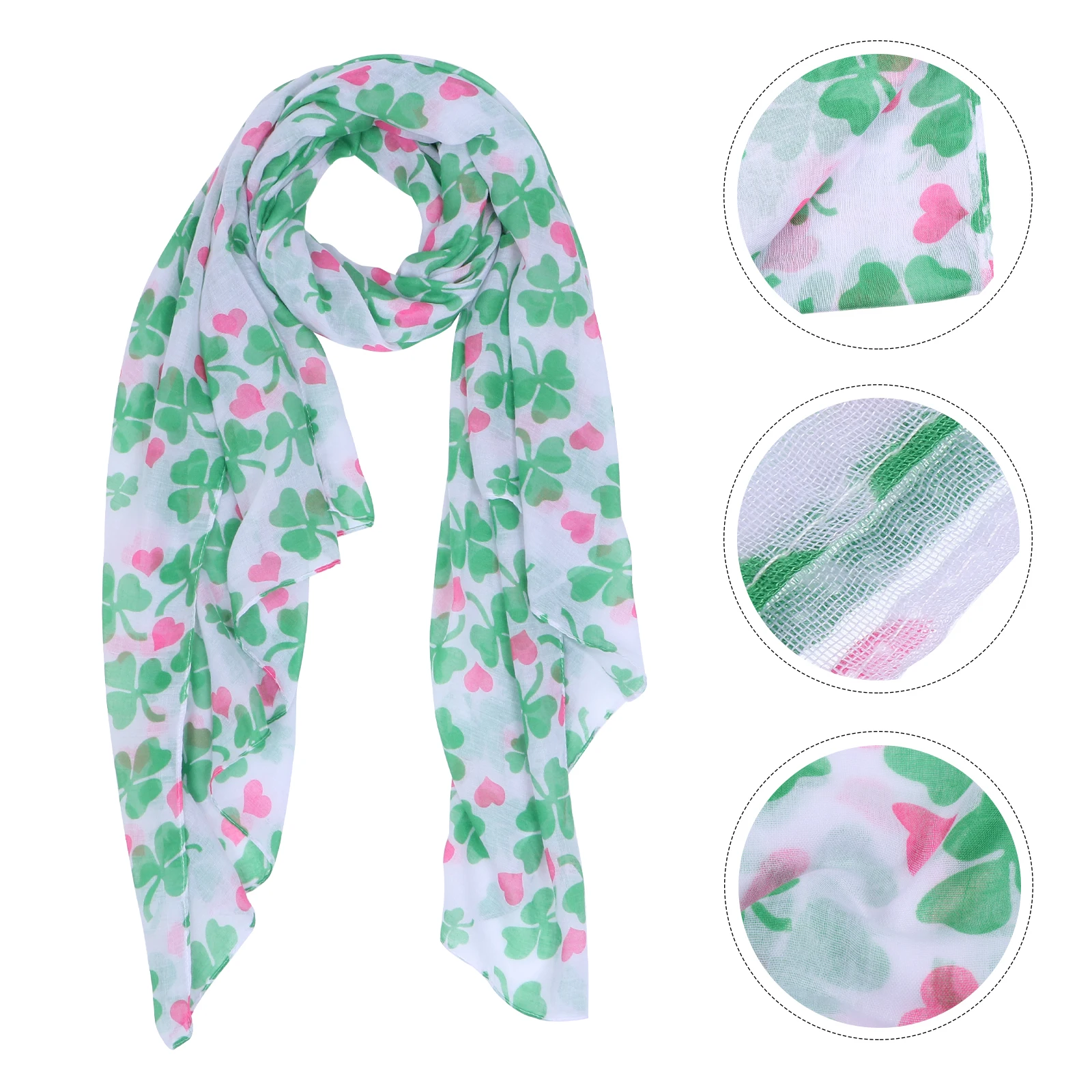

Clover Printed Women Voile Four Leaf Lady Tie Belt Vintage Warm Long Silk Muffler St Patrick Day Daily Wear Creative Scarf Woman