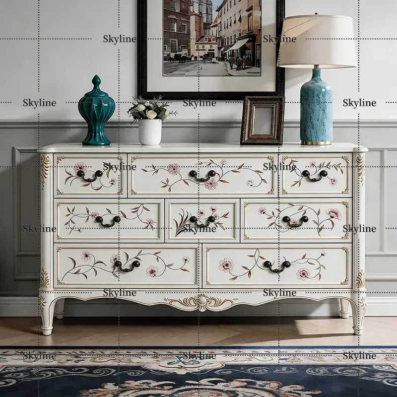 for American Pastoral Style Hand Painted 8 Bucket Cabinet White Storage Decorative Drawer Cabinet for Living Room Aisle