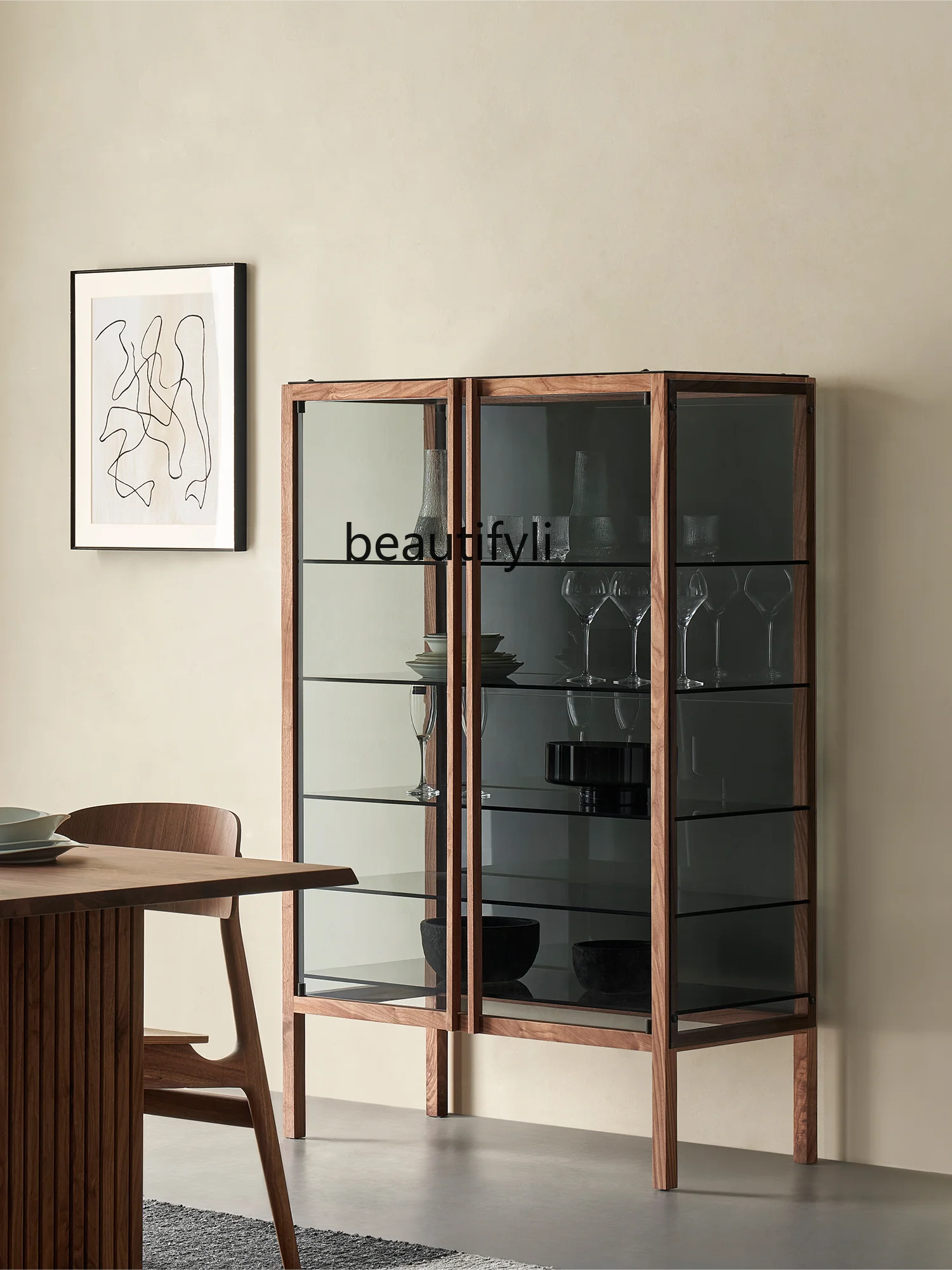 

Curio Cabinet Tempered Glass North America Black Walnut Solid Wood Designer Five Layers Side Cabinet