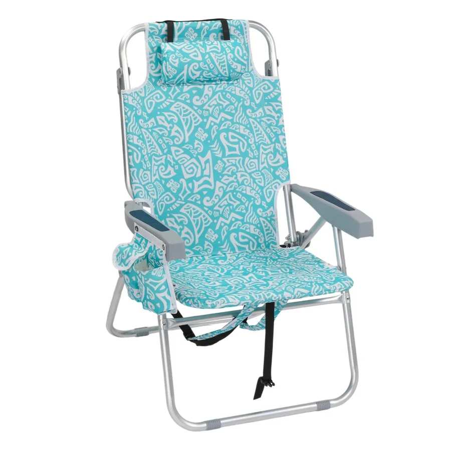 

1 PCS Aluminum Beach Chair, 15 Inch Seat Height Teal Tribal Pattern, 5 Positions Reclining Folding Lounge Chair with Headrest,