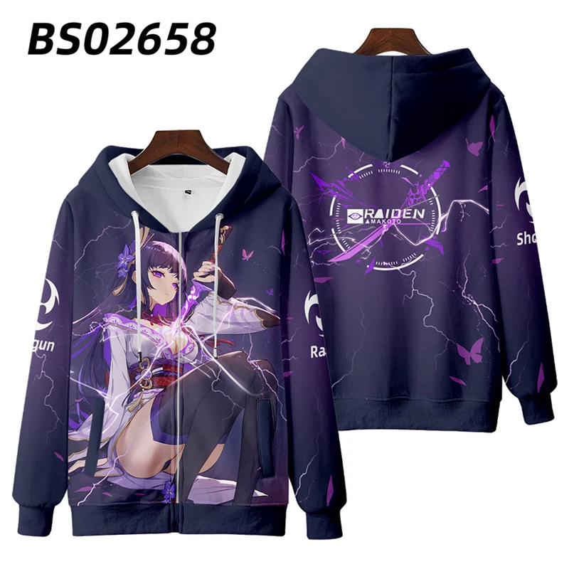 Game Genshin Impact Raiden Shogun 3D Print Zipper Hoodies Men Women Fashion Oversized Hoodie Kids Sweatshirt Tracksuit Clothing