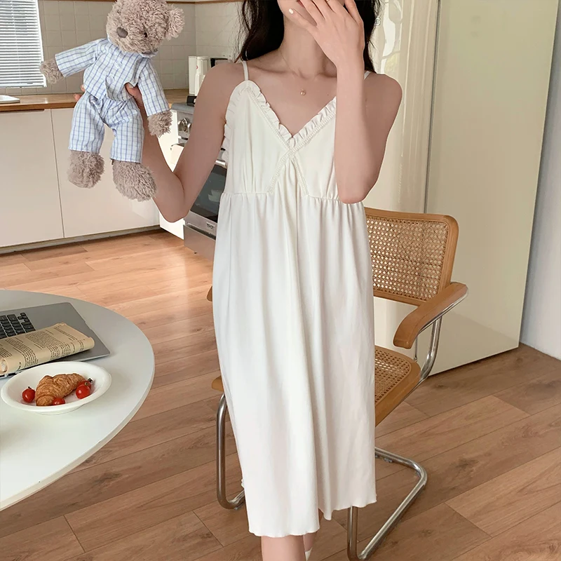 Loose Nightgowns Women Summer Sweet Soft Slouchy Solid Youthful Vitality Japanese Style Retro Temperament Classic Minimalist