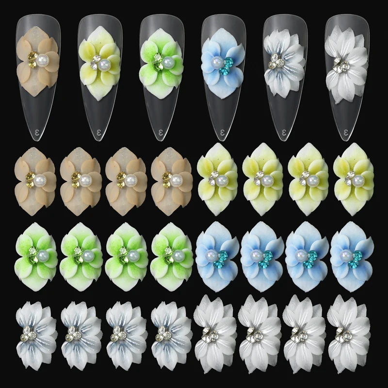 8pcs Handmade 100% Real Acrylic Flower Nail Decorations White Multi Color Nail Art Flowers Charms for DIY Nails Parts