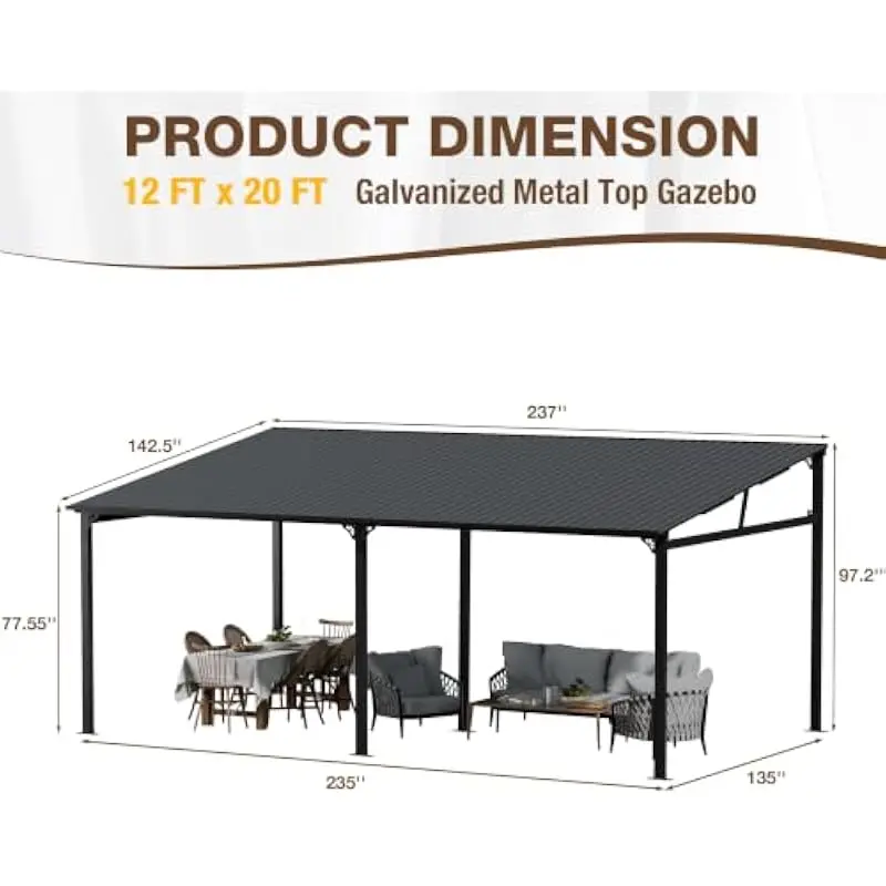 20 FT x 12 FT Wall-Mounted Hardtop Gazebo with Sloped Galvanized Roof • Waterproof & UV-Resistant Metal Frame • Heavy-Duty Powde
