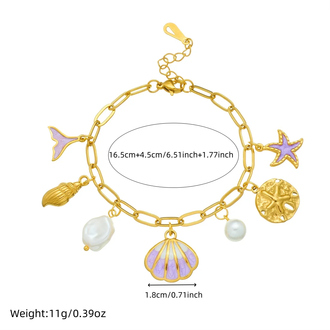 MEYRROYU 316 Stainless Steel Purple Oil Drip Shell Fishtail Starfish Pearl Pendant Bracelet Lady New Classic Wrist Chain Jewelry