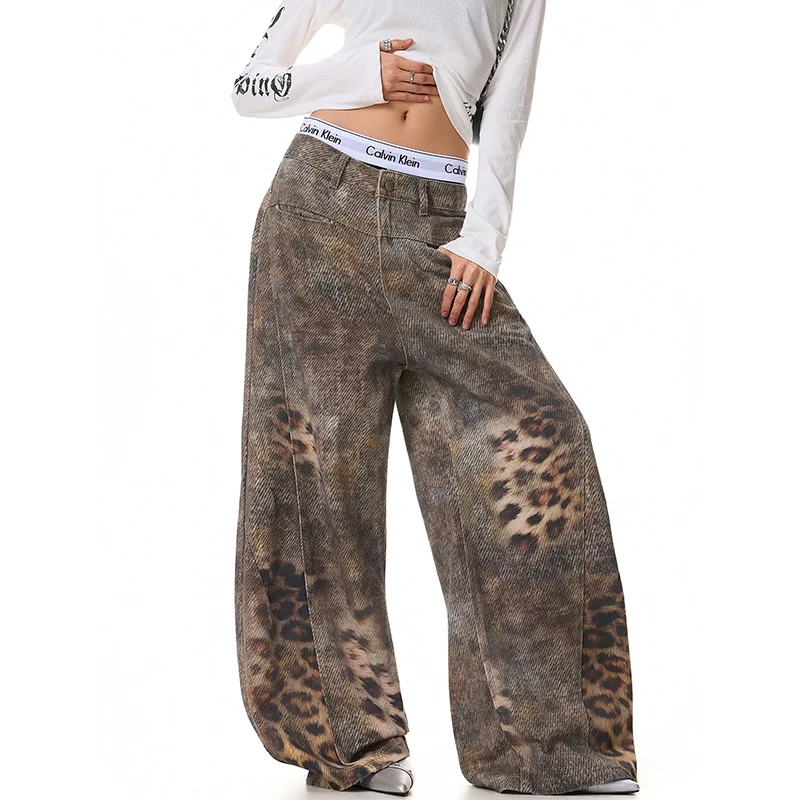 YIBASHU Women Y2k Leopard Jeans Harajuku Japanese 2000s Style Oversize Denim Trousers Vintage Baggy Jean Pants Trashy Clothes