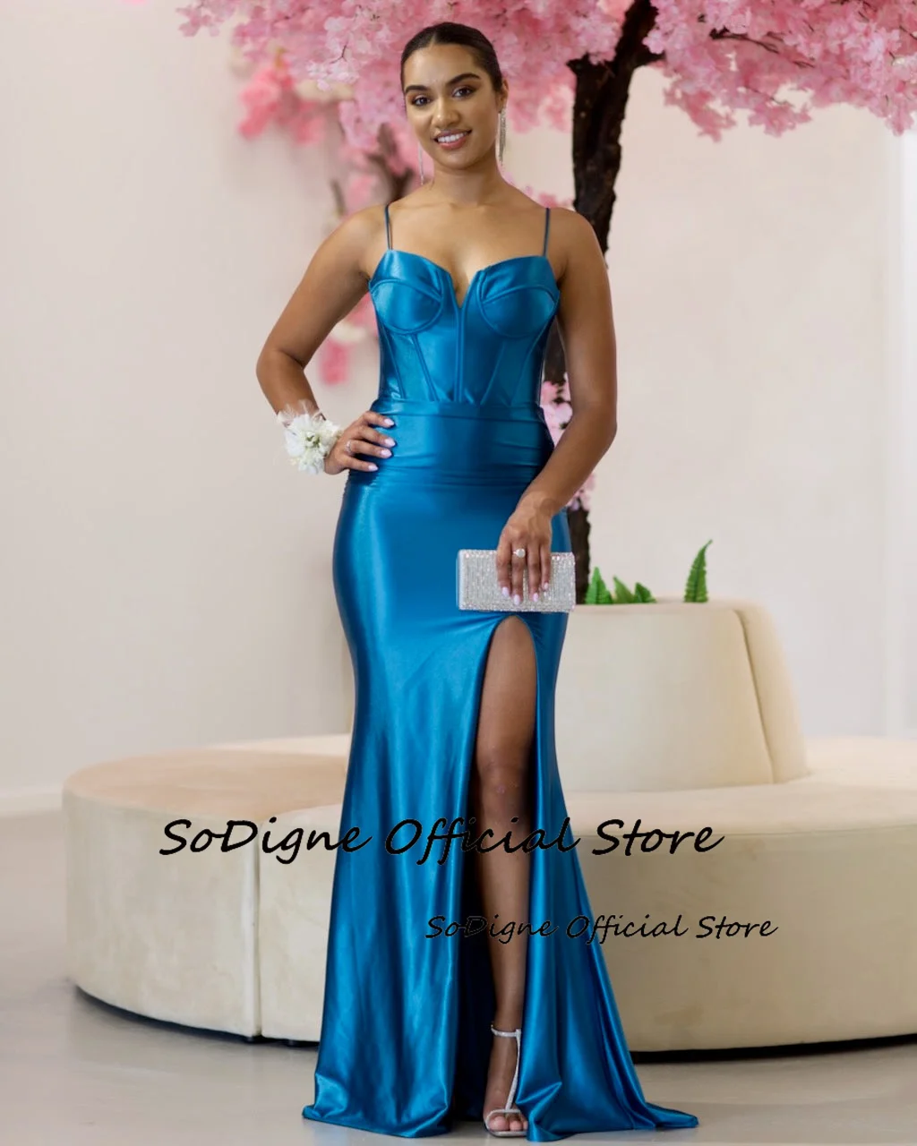 SoDigne Mermaid Elegant Bridesmaid Dresses Sweetheart Sleeveless Satin Split Gowns for Women Long Wedding Prom Dress Customized